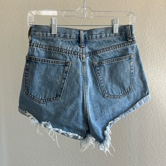 SUPERDOWN | Medium Wash Raw Hem Button Fly High Rise Denim Shorts | Size 26 - Picture 5 of 8
